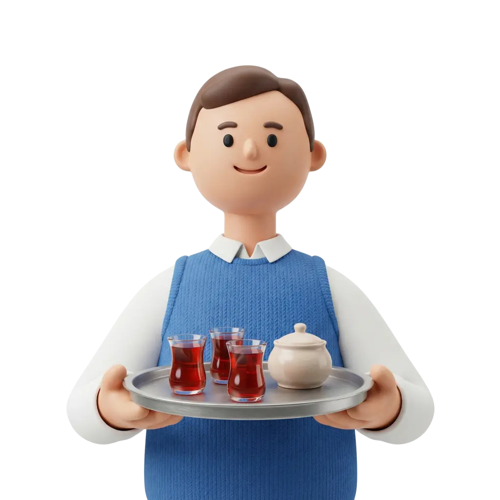 3D portrait bust of a male server wearing a white shirt and blue knitted vest, with short brown hair and a friendly smile, holding a round metal tray with three tulip-shaped tea glasses and a small sugar jar. Neutral black background, forward-facing pose with both hands visible supporting the tray.