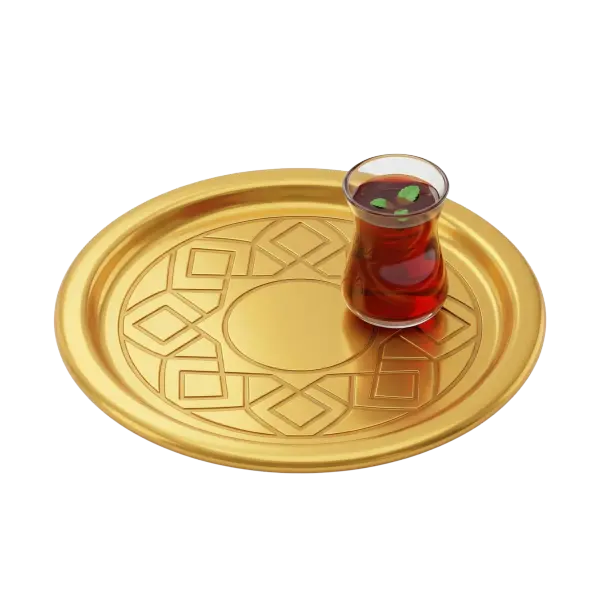3D render of a round gold tea tray with embossed geometric patterns and a tulip-shaped glass of dark tea garnished with mint leaves; glossy metallic finish, isolated on a black background.