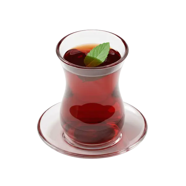 3D render of a tulip-shaped clear glass of deep amber-red tea with a mint leaf floating on top, set on a matching clear saucer against a black background.