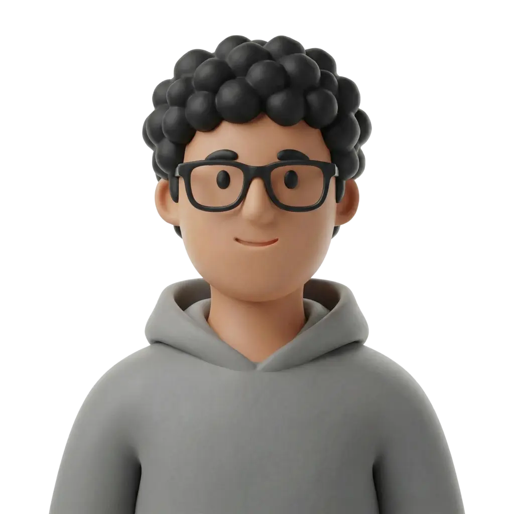 3D portrait bust of a young male with black curly hair sculpted in round tufts, wearing black rectangular glasses and a grey hoodie, smiling softly and facing forward against a plain black background.
