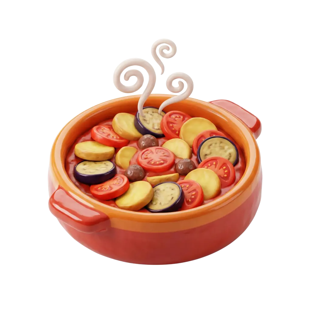 3D render of a baked eggplant casserole in an orange ceramic pot, topped with sliced eggplant, tomato rounds, potato slices and small meatballs in a red tomato sauce, with stylized steam curls and a black isolated background.