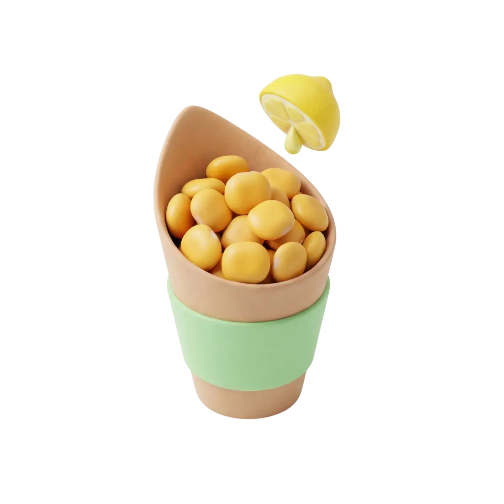 3D render of a paper cup filled with glossy yellow termis lupin beans, a green sleeve around the cup, and a halved lemon hovering above against a black background.