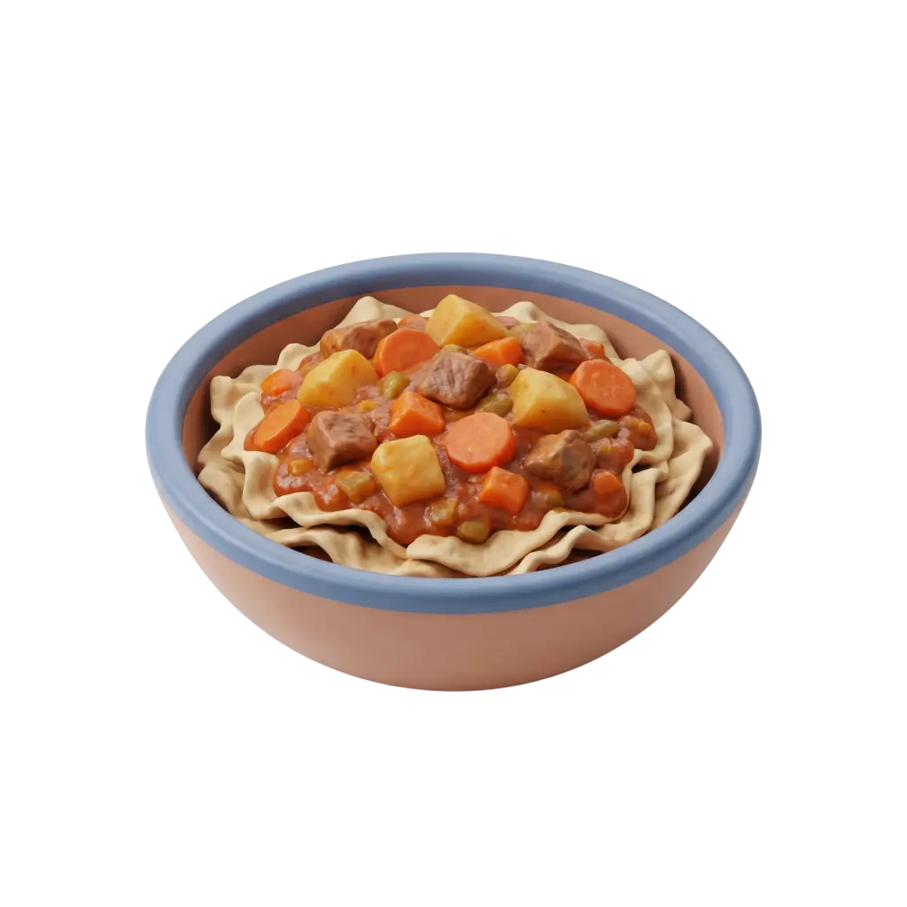3D render of a bowl of thareed with torn flatbread layers topped by a tomato-based stew with beef cubes, potato chunks, carrot slices and peas, served in a pastel ceramic bowl with a blue rim on a black background.