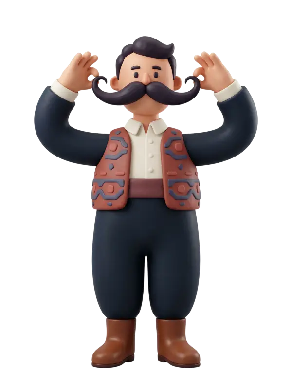 Full-body 3D character of a male Levant Abaday (قبضاي شامي) wearing a white open-collar shirt, dark serwal trousers, a leather belt, and traditional leather shoes, with a thick black mustache, confident stance, isolated on a transparent background