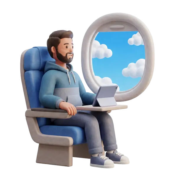 Full-body 3D scene of a bearded man in a blue hoodie seated in an airplane window seat, holding a tablet on the tray table while looking out at fluffy clouds through the oval window. The plush blue seat, tray table and airplane window are visible on a black isolated background.
