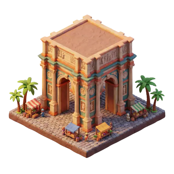 3D render of a stylized Roman triumphal arch with Corinthian columns and sculpted friezes, set on a cobbled square with small market stalls and palm trees; warm, soft lighting from an elevated three-quarter perspective and an isolated transparent background.