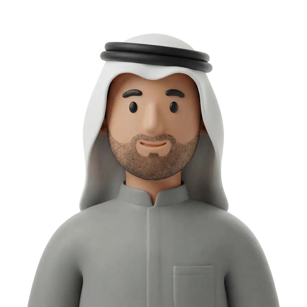 3D portrait bust of a male Gulf character wearing a white ghutra secured with a black agal, a light-gray thobe with a chest pocket, short trimmed beard and a gentle smile, facing forward on an isolated transparent background.