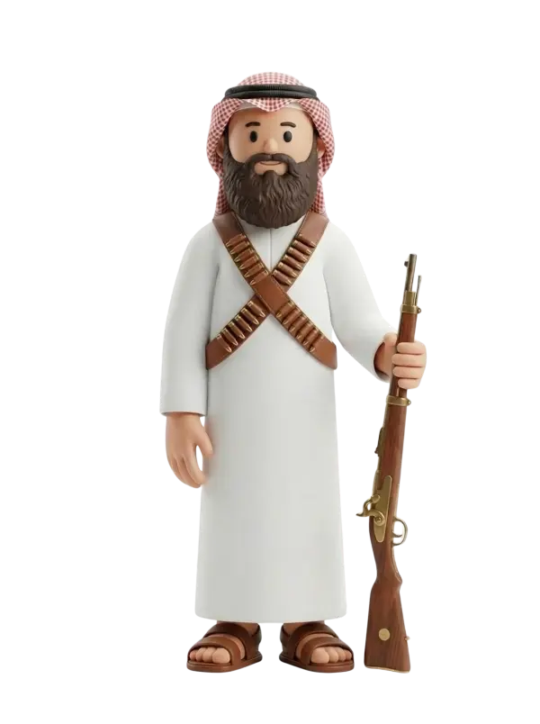 Full-body 3D character of a male Bedouin wearing a white thobe and a red-and-white ghutra with a black agal, a thick full beard, crossed leather cartridge bandoliers, and brown sandals. He holds a vintage wooden rifle and stands in a neutral pose on a black isolated background.