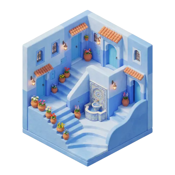 3D render of a blue-washed Mediterranean medina corner with stepped alleys, turquoise doors, terracotta roof tiles and potted flowers, featuring a decorative mosaic fountain. Isometric perspective with soft warm lantern lighting and clean isolated background.