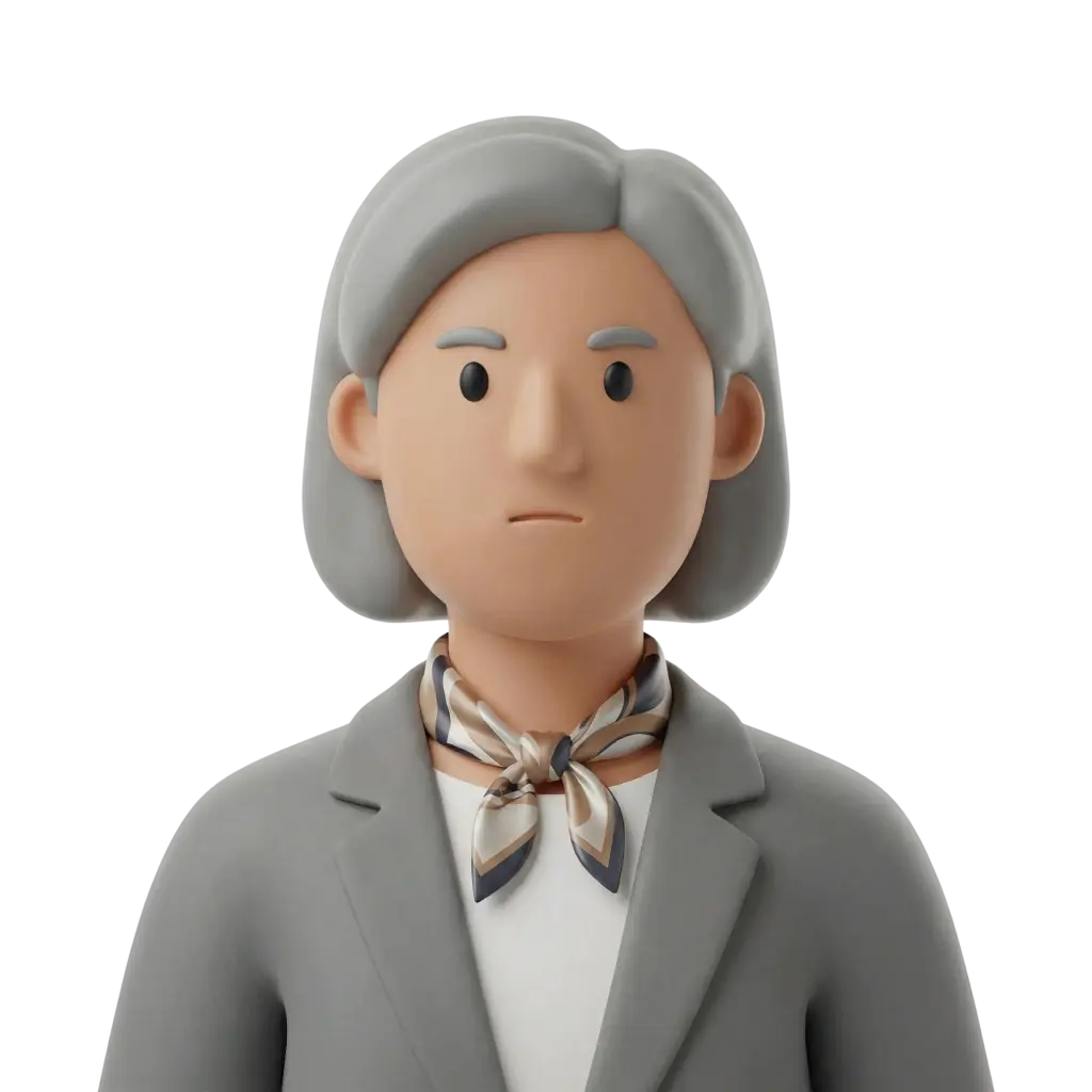 3D portrait bust of a female business leader with short grey hair, wearing a grey blazer, white blouse and a patterned silk neck scarf, neutral expression, centered pose against a black background.