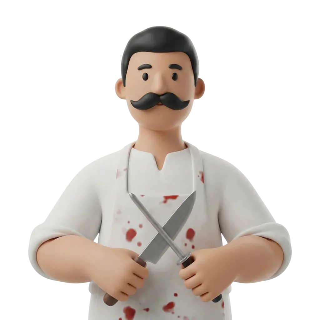 3D portrait bust of a male butcher with short black hair and a thick curled mustache, wearing a white shirt and a blood-stained white apron. He holds a chef's knife and a sharpening steel crossed in front of his chest with a neutral expression against an isolated dark background.