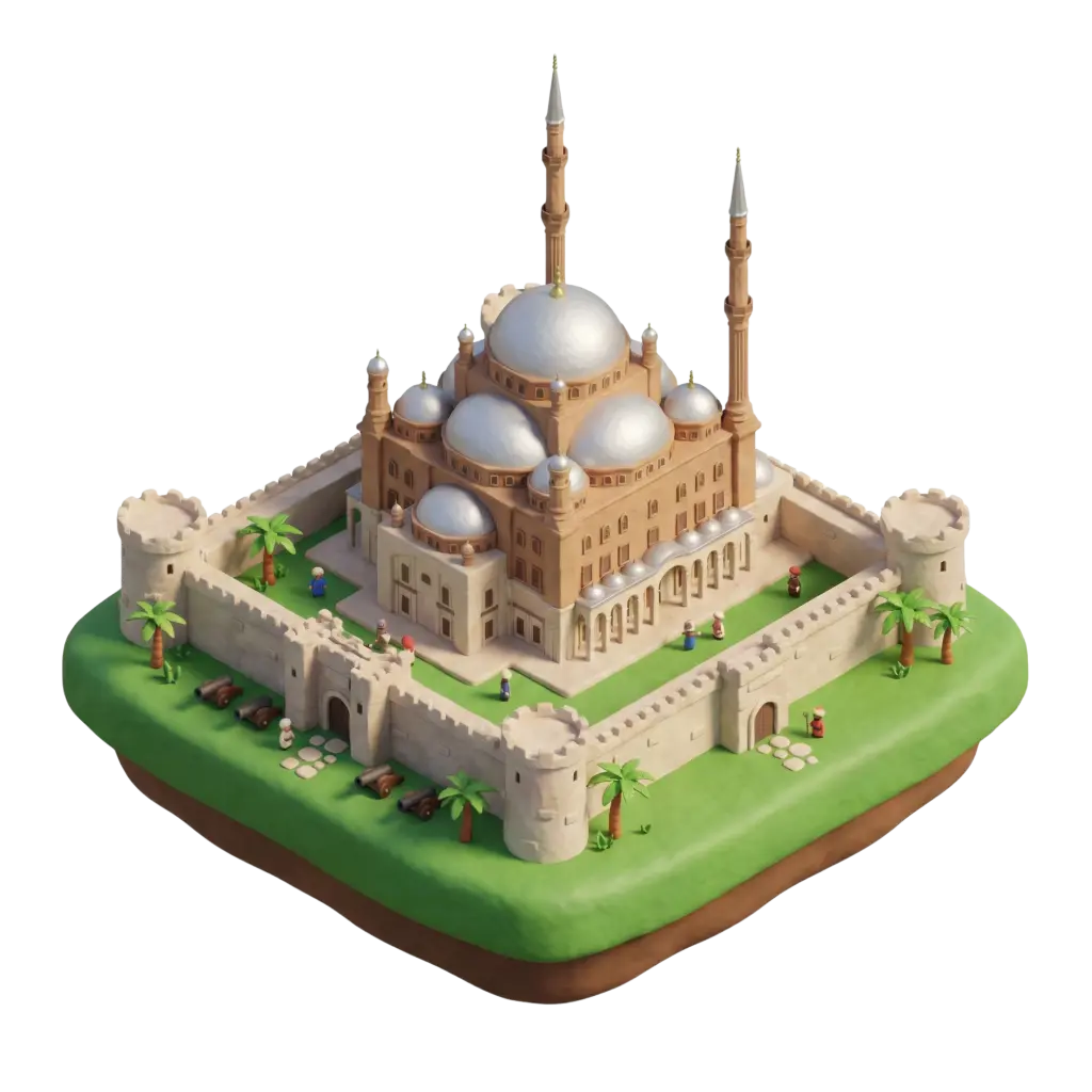 3D render of a stylized citadel featuring a large central mosque with multiple silver domes and two tall minarets, set inside fortified stone walls with corner towers, cannons, and palm trees on a grassy base. Isometric perspective with soft, warm lighting and an isolated background.