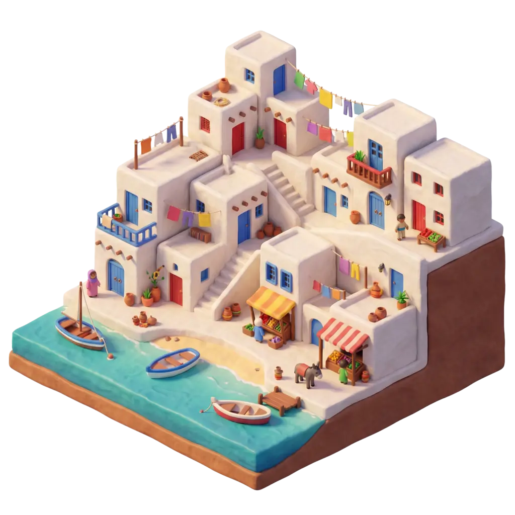 3D render of a stylized clay-style coastal casbah with stepped white cubic houses, colorful doors and balconies, clotheslines, market stalls, pottery and small fishing boats on turquoise water, shown in an isometric diorama with warm soft lighting and isolated on a dark background.