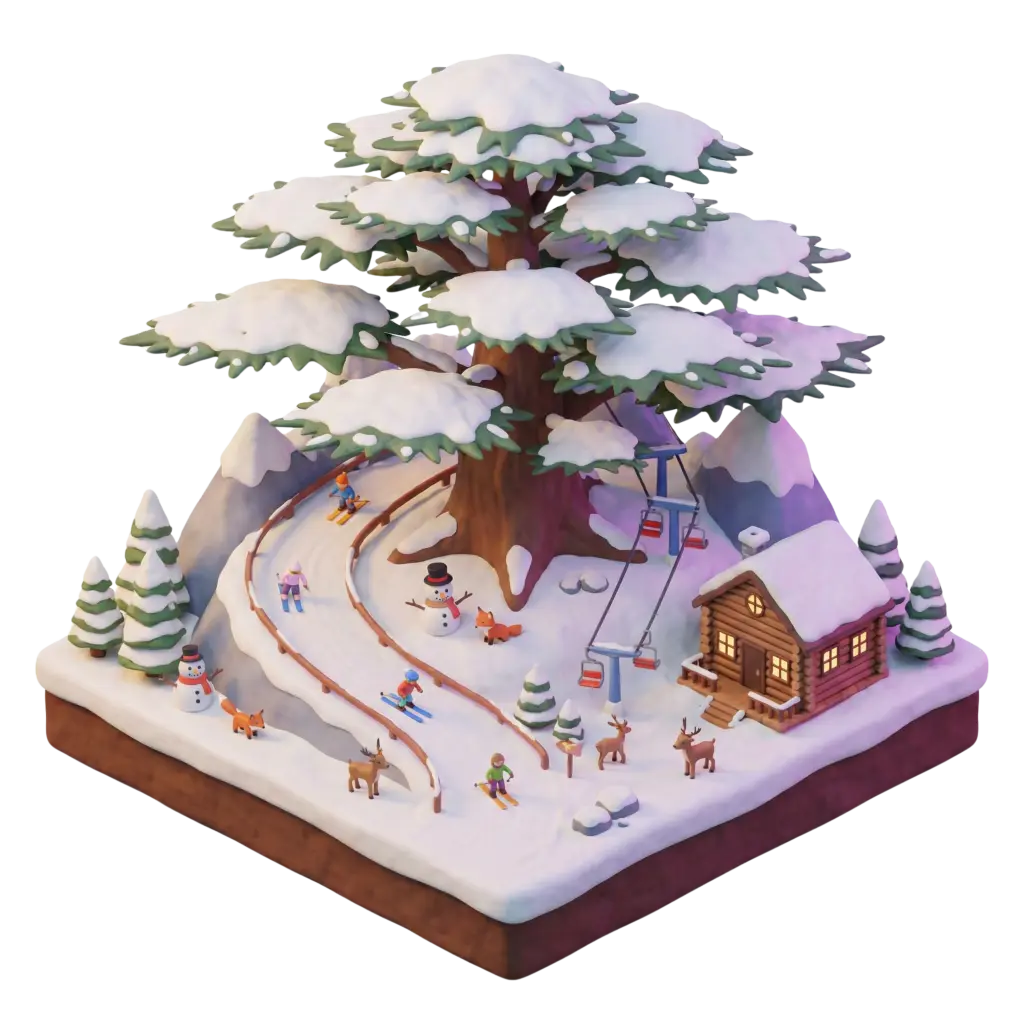 3D render of a snowy miniature diorama centered on a towering cedar tree with layered snow-covered branches, a winding ski slope, wooden cabin, ski lift, snowmen, foxes and deer in a clay-like stylized finish. Isometric perspective, isolated on a transparent background with soft warm lighting from the cabin and pastel winter hues.