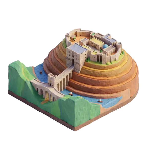 3D render of a clay-style miniature of the Citadel of Aleppo perched on a terraced, concentric hill with layered stone walls, a prominent arched gatehouse and a long bridge over a blue river; small boats float below and the model sits on an isolated transparent background under soft studio lighting.