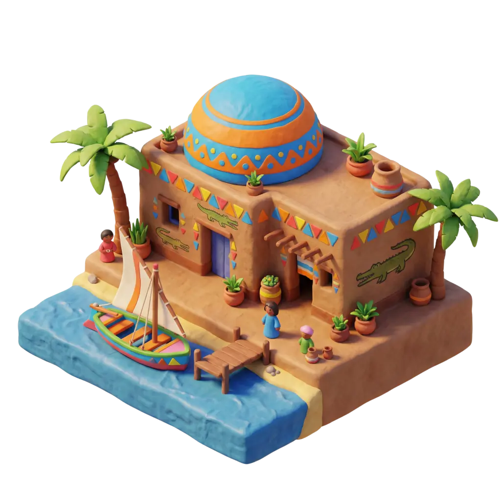 3D render of a colorful Nubian riverside house block with a blue-and-orange dome, painted geometric motifs and crocodile murals, potted plants, palm trees and a small sailboat on the Nile; clay-style, warm lighting, isolated on a transparent background.