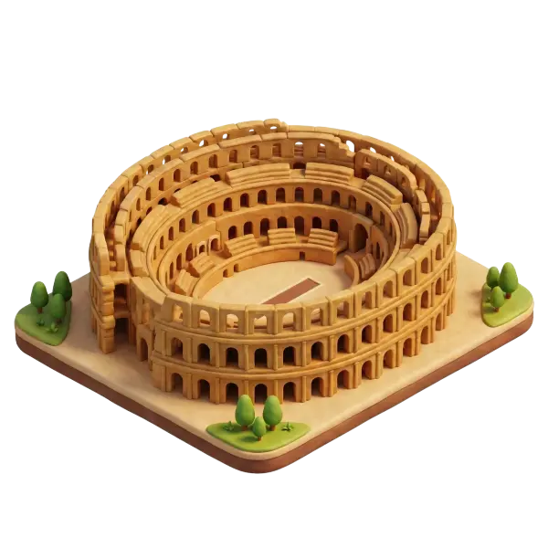 3D render of a stylized Roman amphitheatre resembling the El Djem Colosseum, sculpted in warm beige tones with layered arcades and stepped seating; presented as an isolated isometric model on a square base with miniature green trees and soft studio lighting.