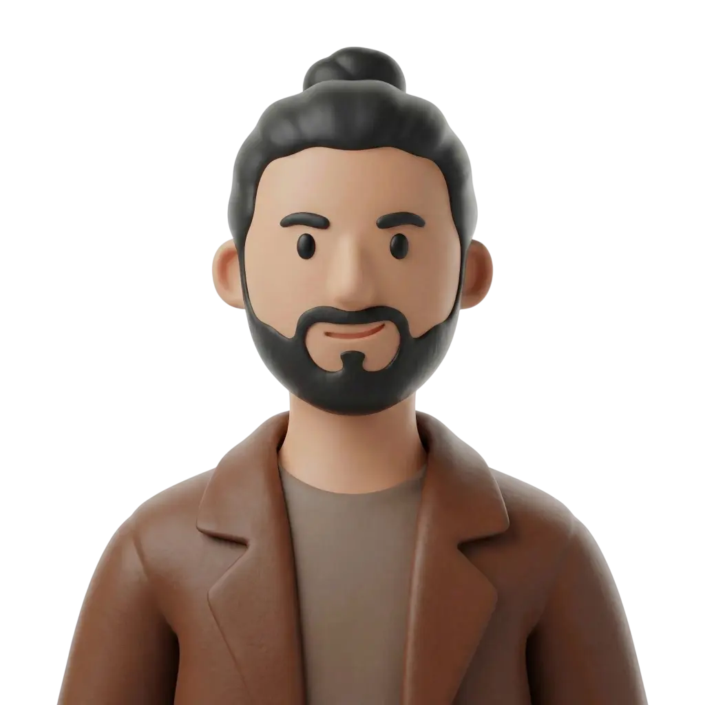 3D portrait bust of a young man with a dark man‑bun and a full trimmed beard, wearing a brown jacket over a neutral shirt and a subtle smile, facing forward. Black isolated background with a clean, matte render.