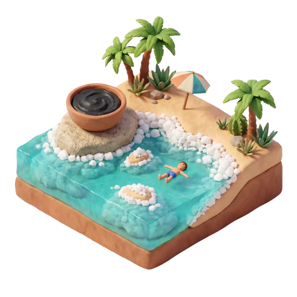 3D render of a clay-style diorama showing a Dead Sea salt pool with turquoise water, clusters of white salt crystals, a person floating, palm trees, a striped beach umbrella and a large bowl of black mineral mud on a rock. Rendered in a soft three-quarter perspective with warm studio lighting and an isolated transparent background.