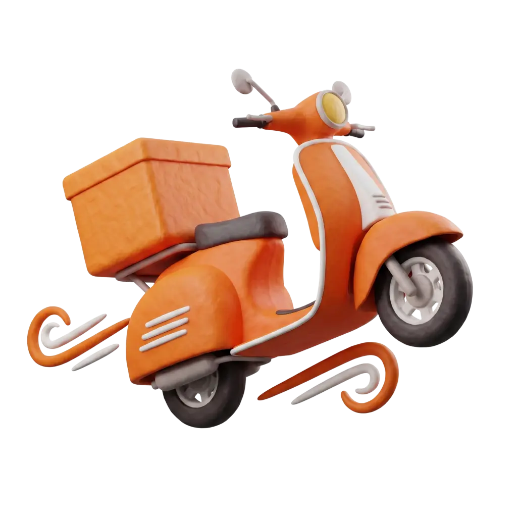 3D render of an orange delivery scooter with a rear cargo box, stylized with a soft clay-like matte finish, white trim, black seat and tires. Isolated on a transparent background.