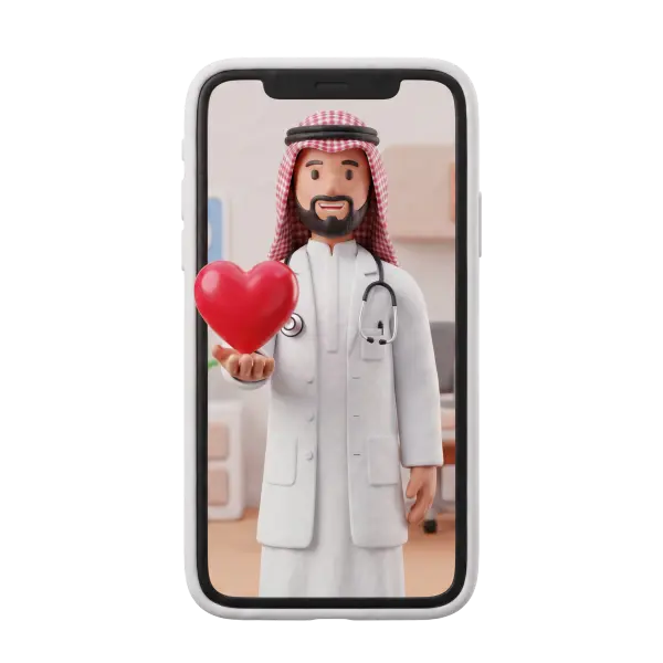 Full-body 3D scene of a single male Arab doctor wearing a white coat and a red-check ghutra with agal, holding a red heart with a stethoscope around his neck, framed inside a smartphone screen with a soft clinical interior visible. Background outside the phone is black and the render has smooth, glossy 3D styling.