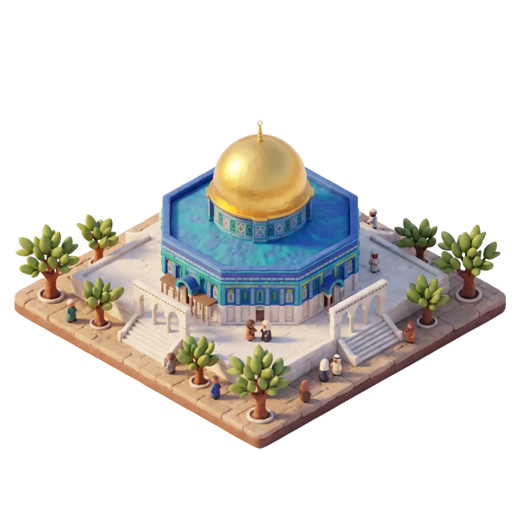3D render of the Dome of the Rock as a stylized isometric diorama showing a golden dome atop a turquoise-tiled octagonal base, white stone platform, stairways, small stylized trees and tiny figures; soft warm lighting highlights the metallic dome against a transparent background.