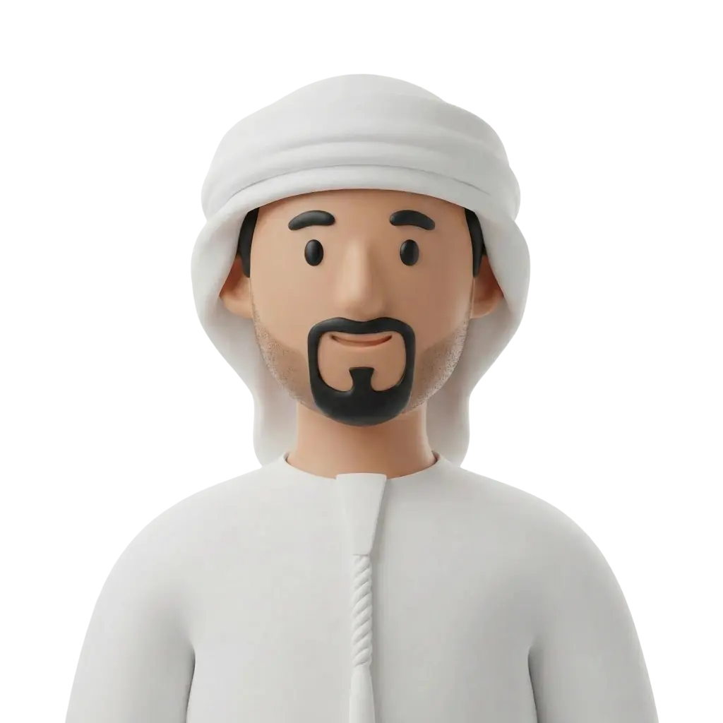 3D portrait bust of a young Emirati man wearing a white kandura and white ghutra, trimmed goatee and light stubble, friendly neutral expression, facing forward; isolated render on transparent background.