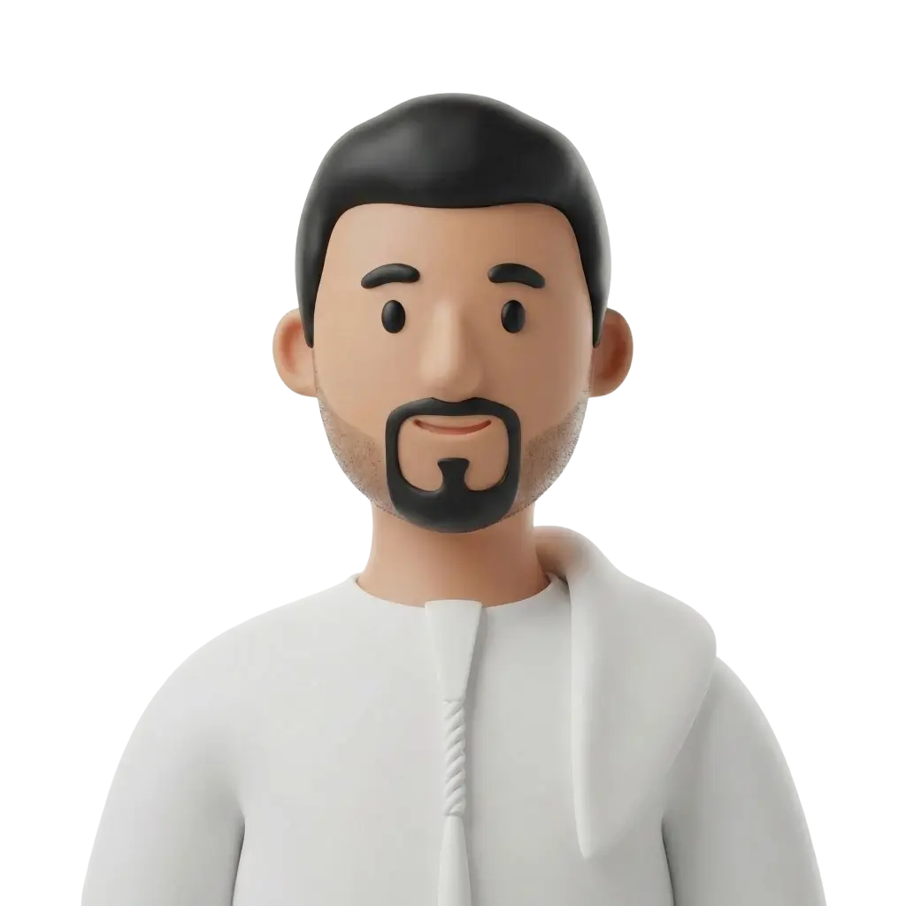 3D portrait bust of a young Emirati man with short black hair, trimmed beard and mustache, wearing a white kandura with a white ghutra draped over one shoulder, neutral smile and forward-facing pose against a plain dark background.