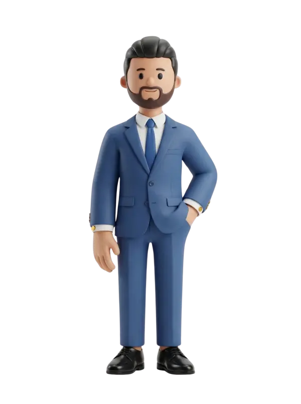 Full-body 3D character of a male executive wearing a blue business suit, white shirt and blue tie, with neatly trimmed beard and dark combed-back hair, one hand in pocket and a confident neutral smile; black isolated background. The figure wears black dress shoes and gold cufflinks, posed standing straight with a professional stance.