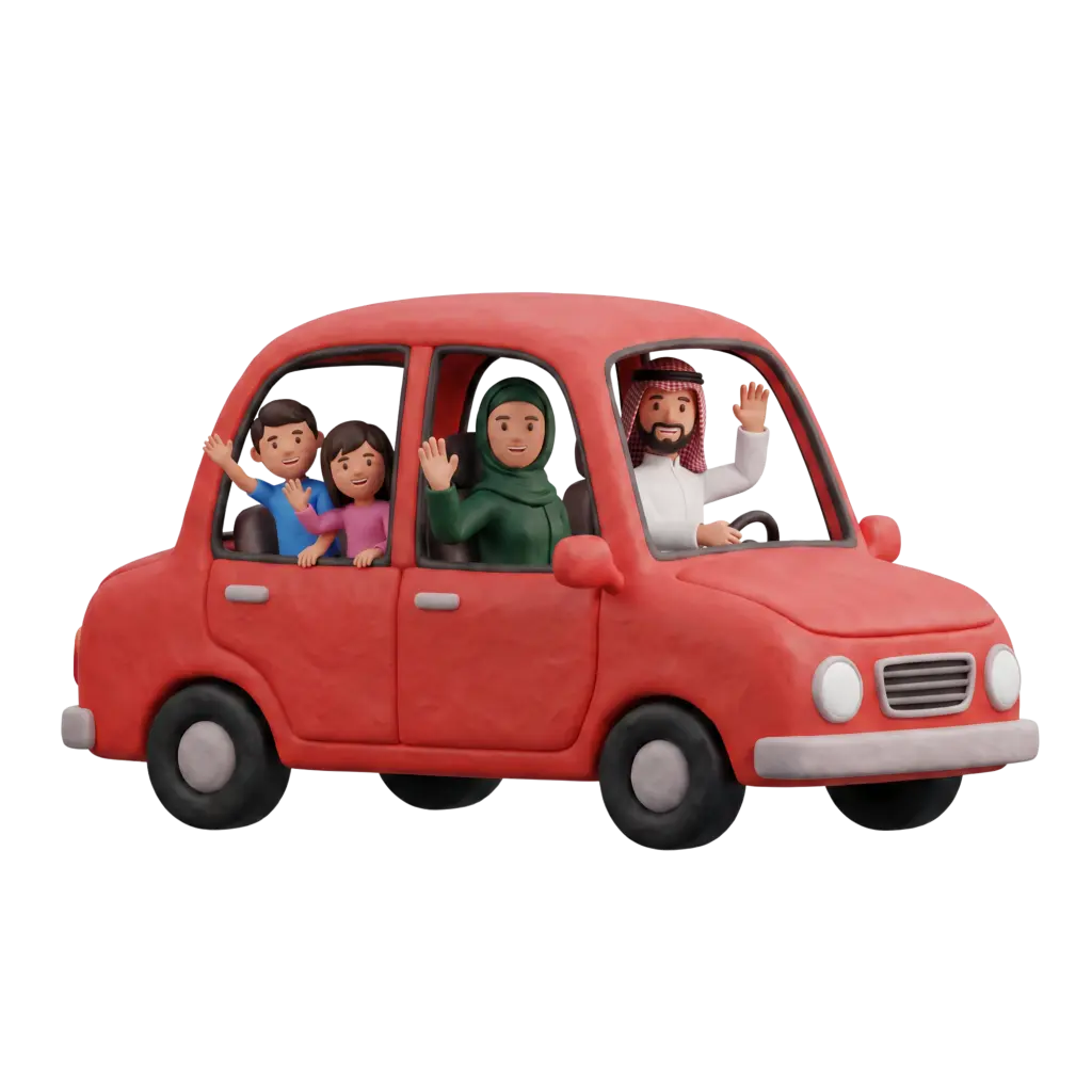 Full-body 3D scene of a four-person Arab family — father in a white thobe and red ghutra driving, mother in a green hijab, a boy and a girl in casual clothes — waving from a red compact car with visible interior. Isolated render on a transparent background.