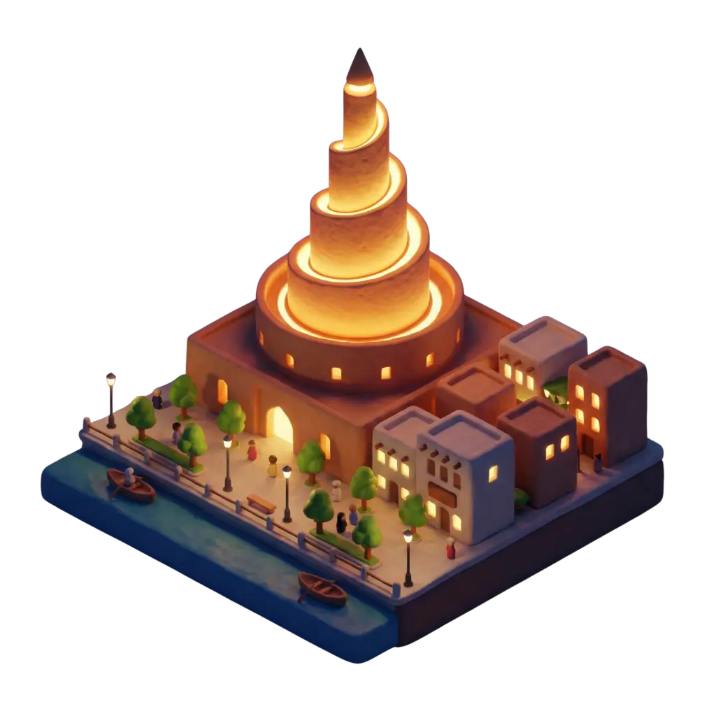 3D render of a spiral mosque with a glowing golden spiral minaret rising from a square sandstone base, surrounded by small beige buildings, a tree-lined waterfront promenade and two small boats. Isometric perspective with warm night lighting and an isolated black background.