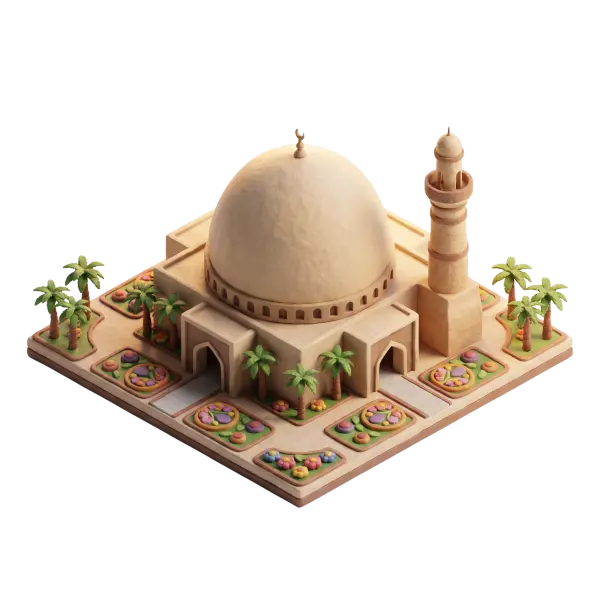3D render of a domed mosque with a single minaret, stylized clay-like textures, palm trees and small decorative garden plots on a square base, shown in an isometric perspective with warm lighting and an isolated dark background.