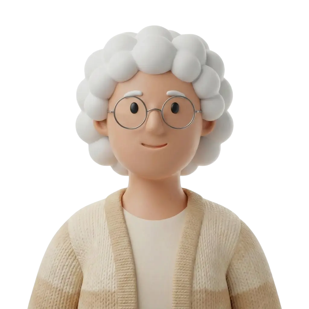 3D portrait bust of an elderly female with short white bubble-like curly hair, round silver glasses, and a gentle smile, wearing a cream knit cardigan over a white top against a dark isolated background. The expression is warm and comforting, with soft, matte skin tones and a cozy, familial look.