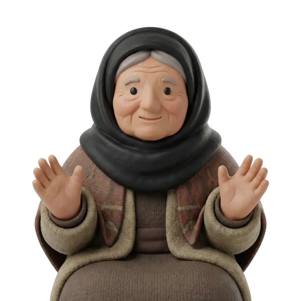 3D portrait bust of an elderly Arab grandmother wearing a black headscarf and a brown patterned shawl over a textured coat, with gentle wrinkles and a soft smile, hands slightly raised in a welcoming gesture. Isolated on a dark background.