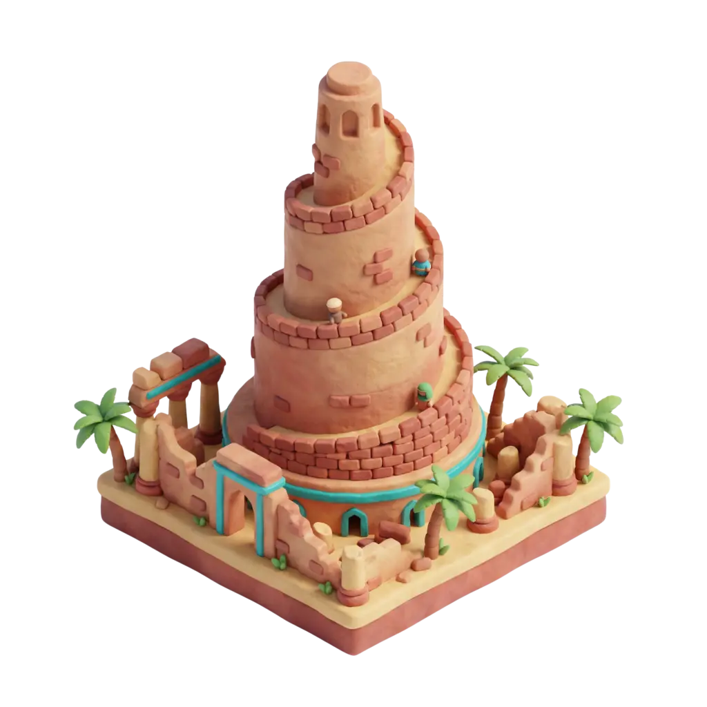3D render of a stylized clay-style model of the Great Mosque of Samarra featuring the spiral Malwiya minaret, sandy sandstone textures, ruined outer walls and small palm trees on a square base, shown in a three-quarter isometric perspective with soft studio lighting on a black background.