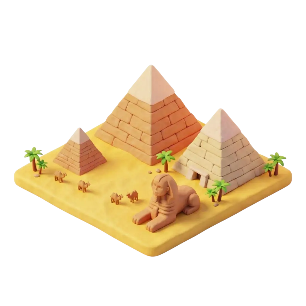 3D clay-style depiction of the Great Pyramids and the Sphinx on a sandy base, showing three stepped stone pyramids, a reclining sphinx sculpture, small palm trees and camels, warm desert lighting in an isometric perspective on a black background.