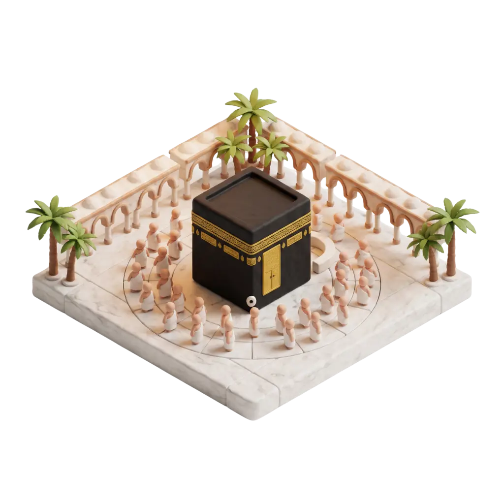 3D render of the Kaaba centered on a marble tawaf platform with stylized pilgrims in white ihram circling, a surrounding colonnade, and palm trees. Isometric perspective with soft warm lighting and an isolated black background.