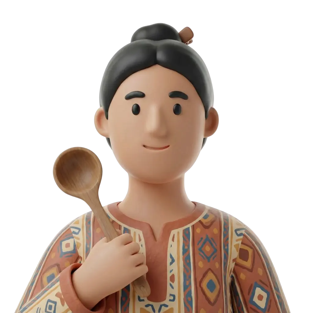 3D portrait bust of a female homemaker with dark hair in a top bun, wearing a colorful patterned traditional tunic in terracotta, blue and cream tones, holding a wooden cooking spoon close to her chest, gentle smile, facing forward against a dark/isolated background.