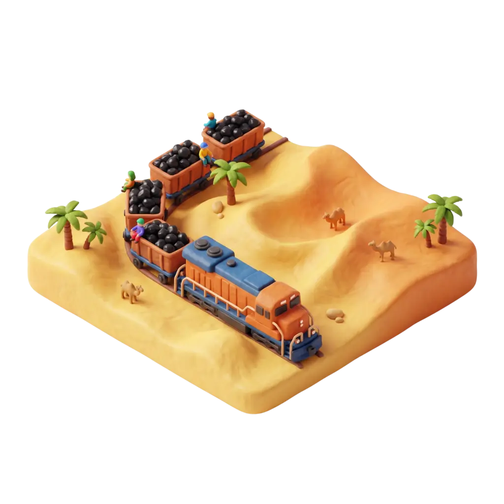 3D render of a stylized clay-style freight train carrying black iron ore wagons across a small desert diorama with palm trees, camels and miniature workers. Isometric perspective, warm soft lighting and isolated render on a black background.