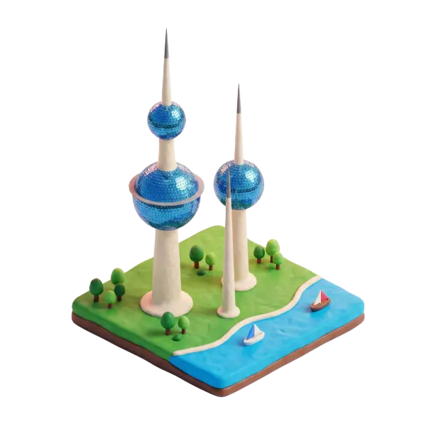 3D clay-style depiction of the Kuwait Towers: three slender concrete towers with large blue mosaic spheres on a small grassy diorama by the sea, tiny trees and two sailboats, shown in an isometric perspective with soft studio lighting on a black background.