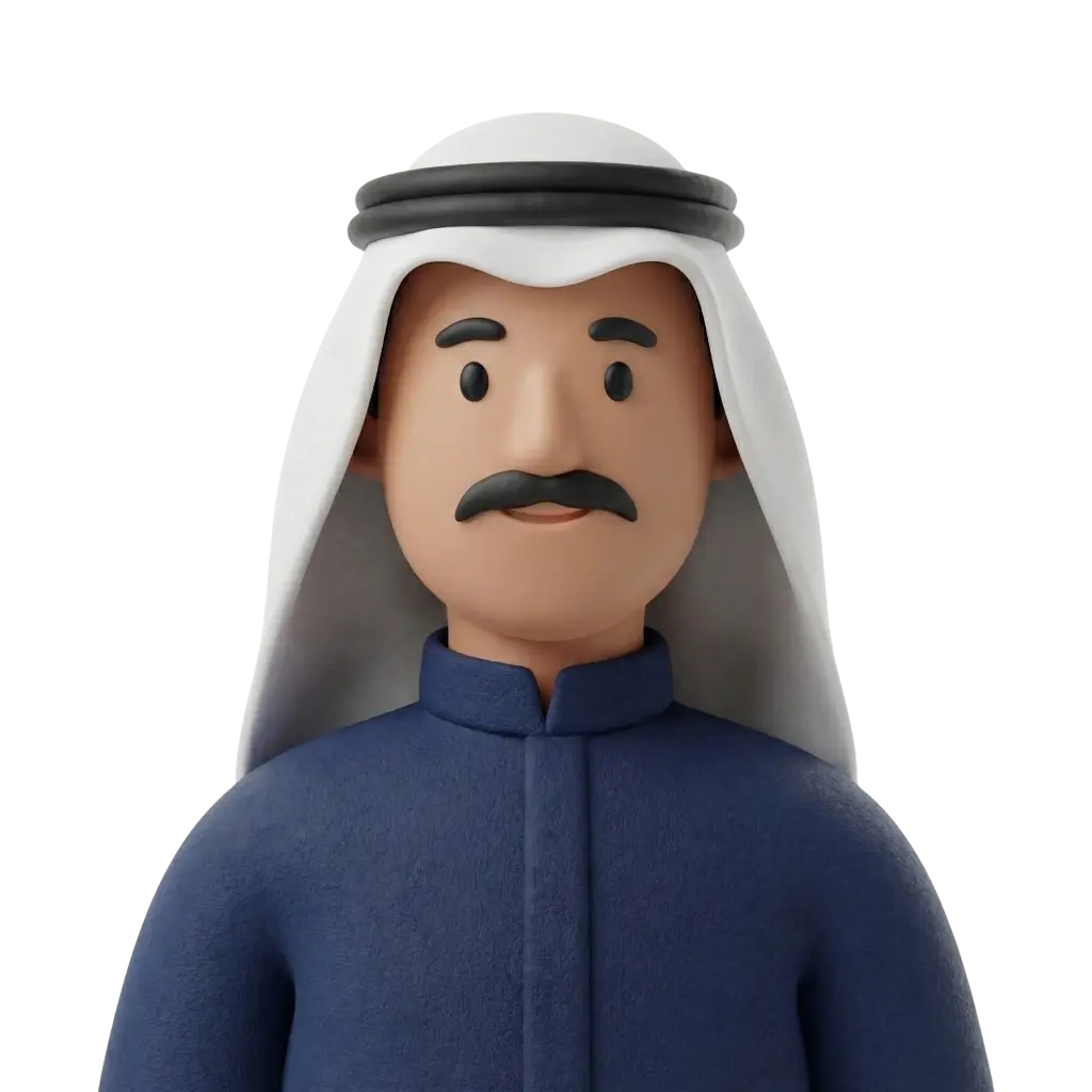 3D portrait bust of a Kuwaiti man wearing a white ghutra with a black agal and a navy blue thobe, sporting a neat black mustache and a calm, friendly expression. Isolated matte render on a dark background.
