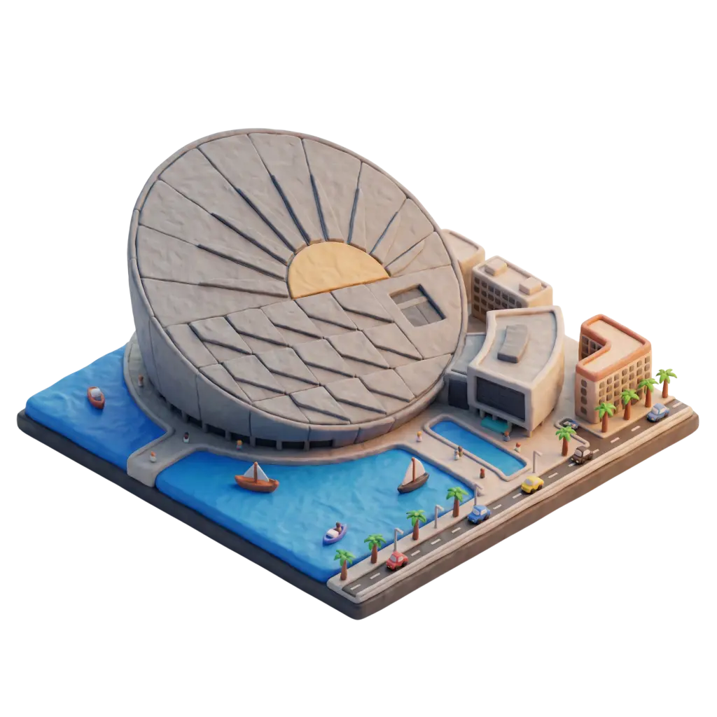 3D render of the Library of Alexandria complex showing the distinctive tilted circular main building with sunburst-like facade patterns, surrounded by waterfront pools, small boats, palm trees and adjacent modern structures. The scene is an isolated render with soft directional lighting, a warm beige concrete palette and bright blue water seen from an elevated isometric perspective.
