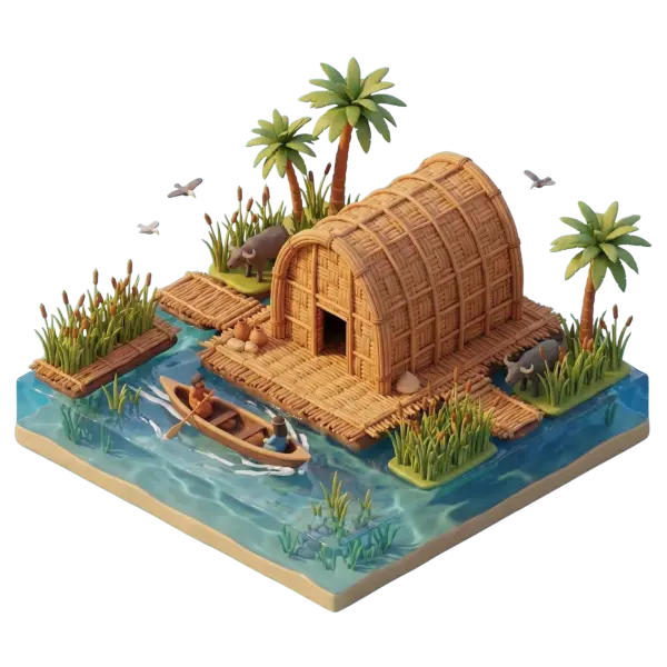 3D render of a small reed-hut marsh diorama floating on clear blue water, with a wooden canoe carrying two people, water buffalo grazing among reeds, palm trees and birds; isolated render on a dark background with soft, warm lighting and a slightly elevated perspective.