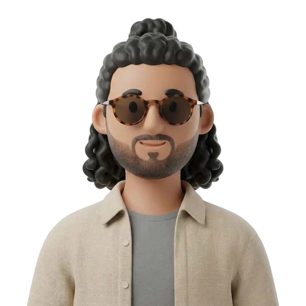 3D portrait bust of a modern Gulf man with curly dark hair tied in a loose topknot, trimmed beard, and tortoiseshell round sunglasses. He wears a light beige open shirt over a gray tee, smiles subtly and faces forward on a black/transparent background.
