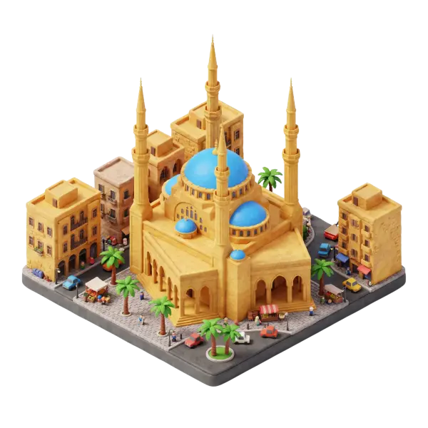 3D render of the Mohammad Al-Amin Mosque in a clay-style isometric scene, showing sandstone facades, vivid blue domes, and four tall minarets surrounded by low-rise buildings, palm trees, street vendors and cars. Isolated on a dark background with soft studio lighting and an elevated isometric perspective.
