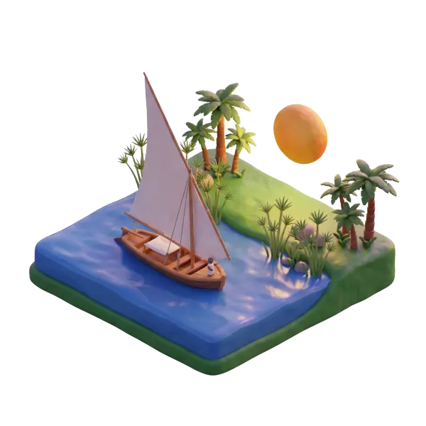 3D render of a traditional felucca sailboat on a calm Nile river beside a small grassy bank with palm trees and reeds, warm orange sun in the sky; isolated low-angle perspective with soft, warm lighting and glossy water reflections.