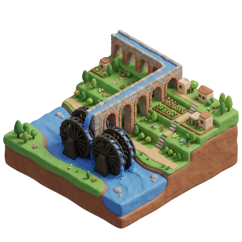 3D render of a clay-style diorama showing the Norias of Hama: a stone aqueduct carrying flowing water over a terrace with three large wooden waterwheels, green gardens, small beige houses, trees and stepped pathways; isometric perspective with soft warm lighting and isolated background.