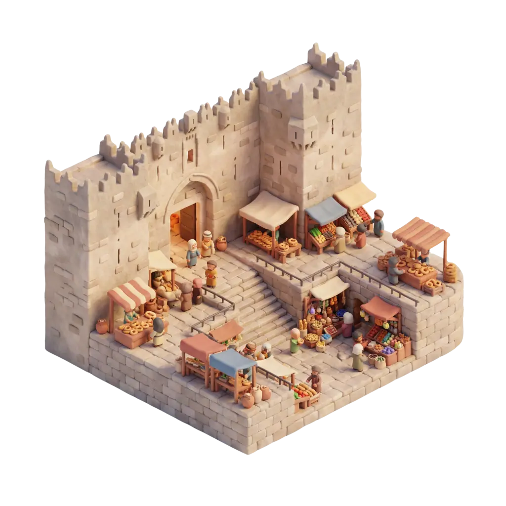 3D render of an old city gate and adjacent market stalls, showing beige stone walls, crenellated towers and a central arched entrance; small stylized figures, colorful awnings, stepped plaza and soft studio lighting in an angled isometric view.