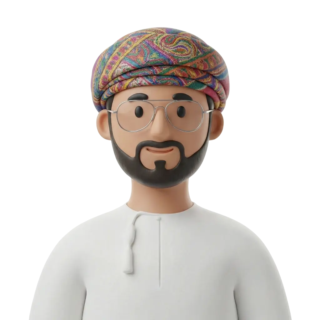 3D portrait bust of a male wearing a colorful patterned Omani massar turban, round silver glasses, a neatly trimmed dark beard and mustache, and a white dishdasha with a small neck tassel, smiling slightly against a plain black background.