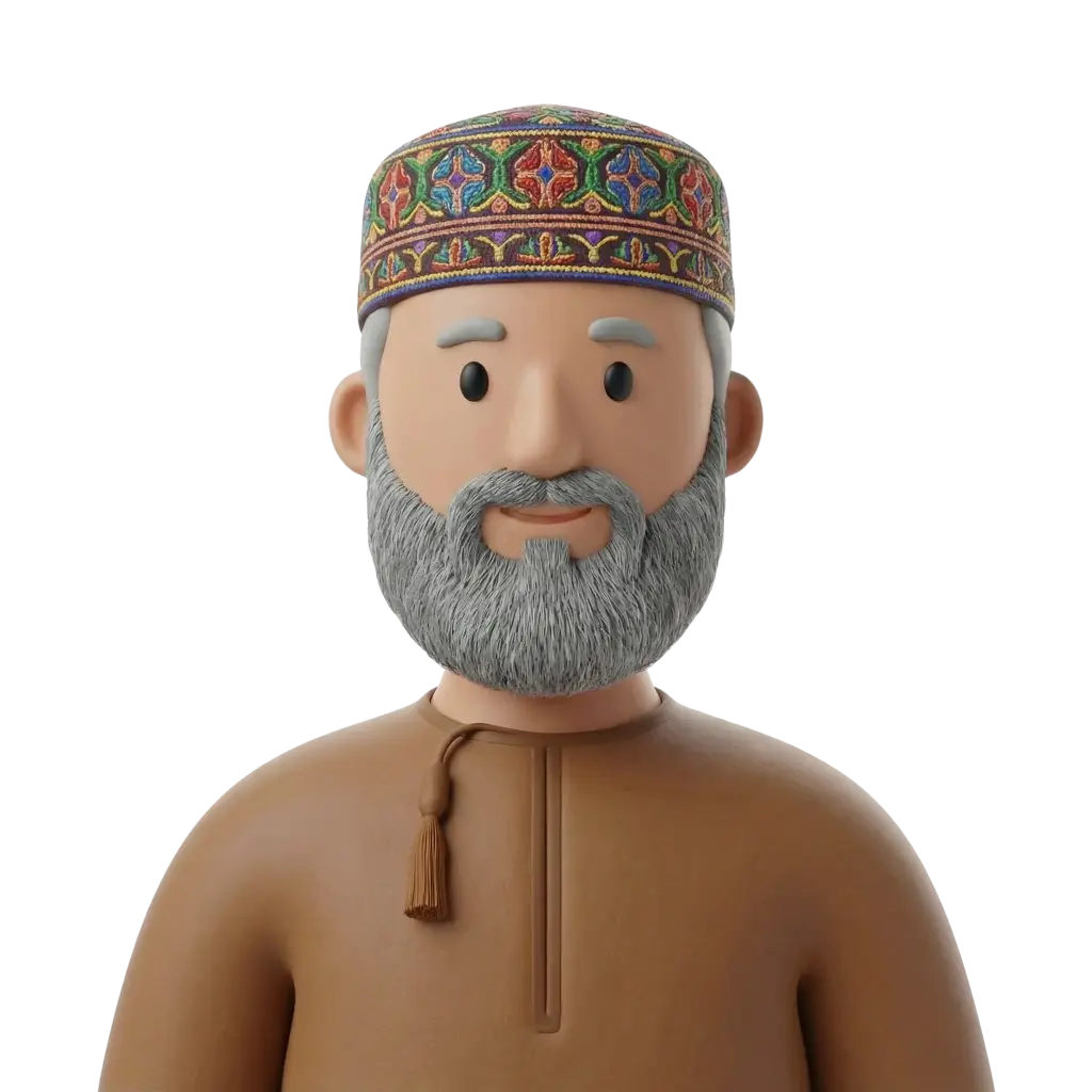 3D portrait bust of an older Omani man wearing a colorful embroidered kuma cap and a brown dishdasha with a tasseled collar, grey full beard, gentle smile, and neutral black background.